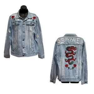 Carbon Savage Dragon Roses Embroidered Distressed Denim Jean Jacket Sz L